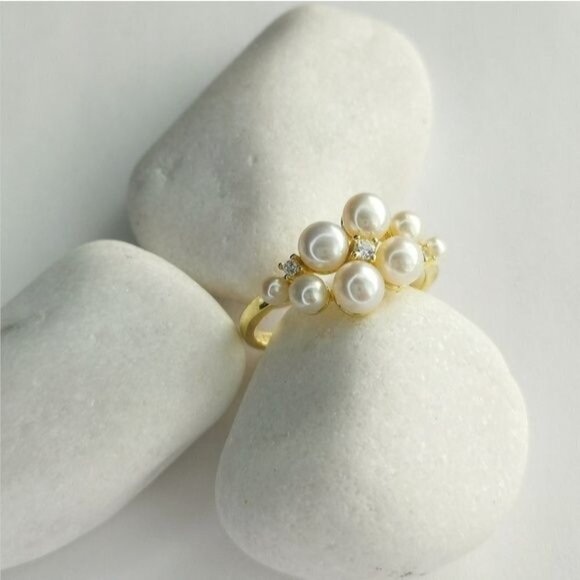 NEW cultured white pearl cz ring in 14k Gold overlay size 8 - Picture 7 of 7